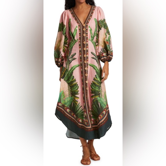 Farm Rio Amazonia Forest Linen- Blend Midi Dress size S - Picture 1 of 8